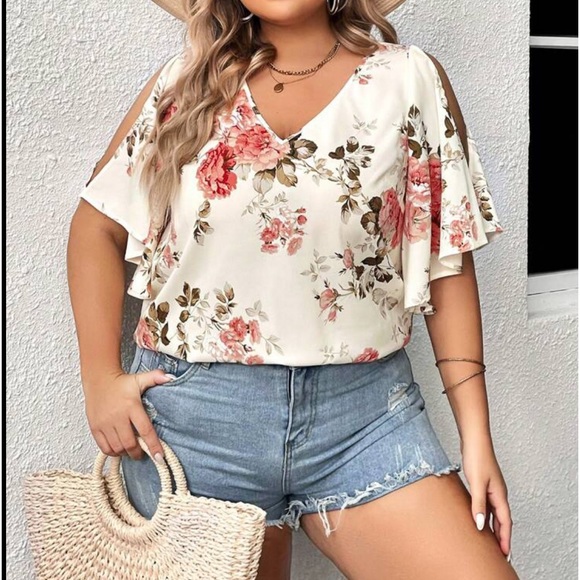 Boho Plus Size Floral Print Cut Out Cold Shoulder Top Blouse Shirt - Picture 6 of 7